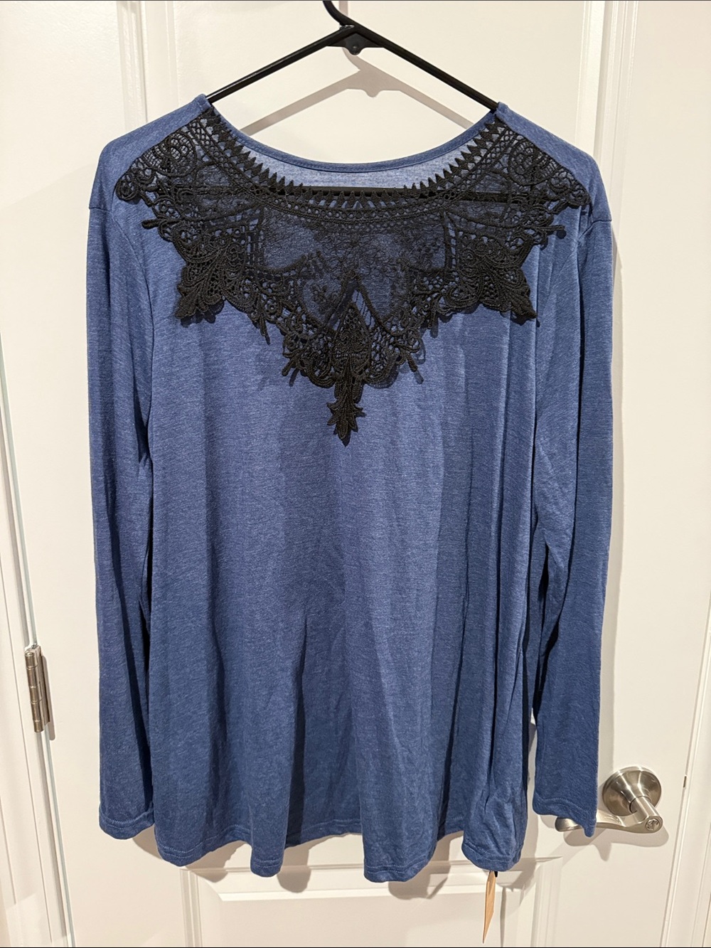 Women's Blue Long-Sleeve Top with Black Lace Yoke